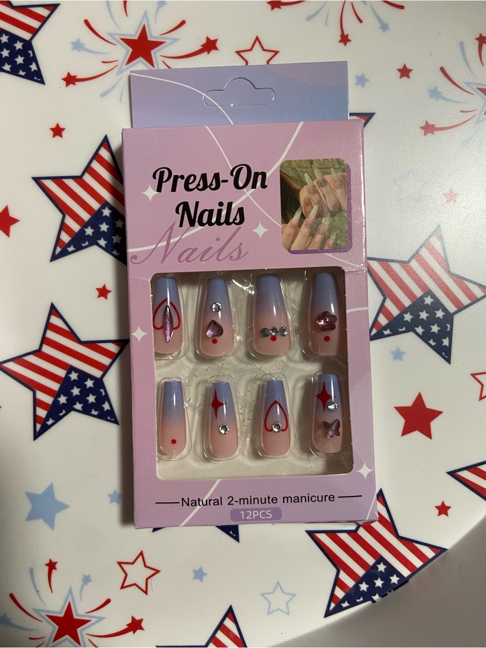 Press-On Nails Pink to Lavender Ombre with Red Accents - Pack of 12